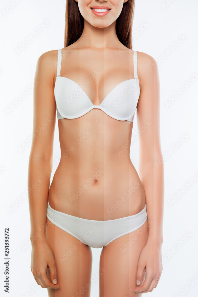 Diet slimming weight loss nutrition concept cropped closeup vertical photo slender she her woman body dressed white underclothes different colored skin show results cream isolated white background Diet slimming weight loss nutrition concept cropped closeup vertical photo slender she her woman body dressed white underclothes different colored skin show results cream isolated white background
