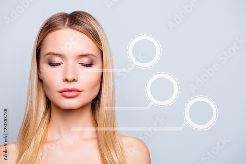 Close up portrait beautiful ideal clean pure flawless skin she her woman face with elegant nude make up highlighted facial zones parts illustration isolated on grey background