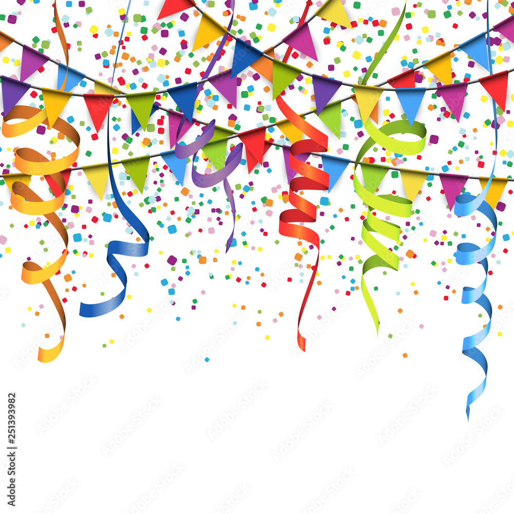 colored confetti, streamers and garlands background