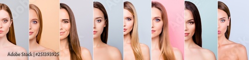 Beauty and health concept she her beautiful pretty eight ladies half face healthy skin hair looking straight in the camera difference concept isolated grey pink pastel blue backgrounds photo