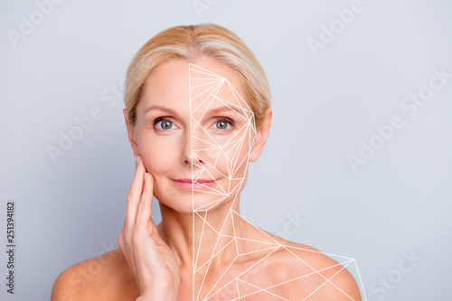 Portrait pretty attractive charming naked nude she her woman touching her  perfect skin after peeling lotion mask hydration highlighted facial parts lines sketch  isolated grey background photo