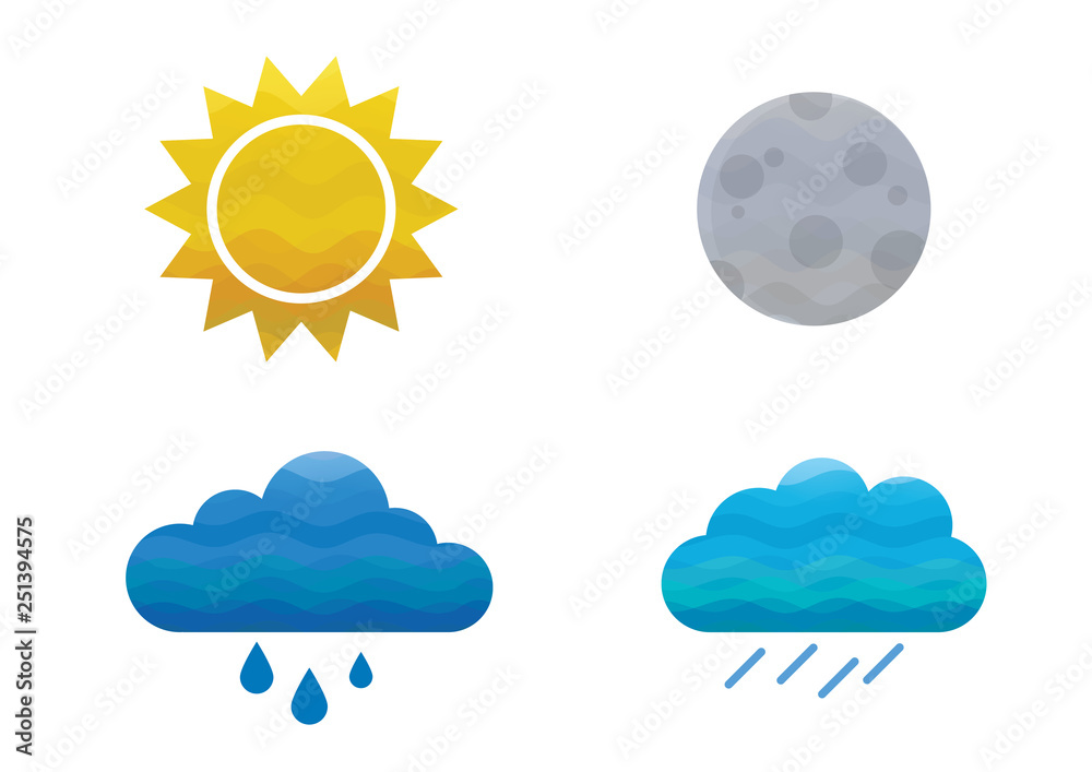 Modern weather icons - sun, moon, heavy rain clouds and rainy clouds. Interesting wave desing in clipping mask with gradients. Modern weather icons - sun, moon, heavy rain clouds and rainy clouds. Interesting wave desing in clipping mask with gradients.