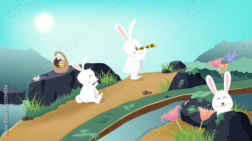 Easter, rabbit adventure in wonderland, bunny cartoon, fantasy story, nature landscape, spring season poster background, holiday invitation vector illustration