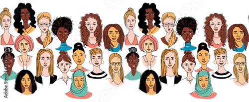 Women's head background grunge line drawing doodle poster seamless pattern