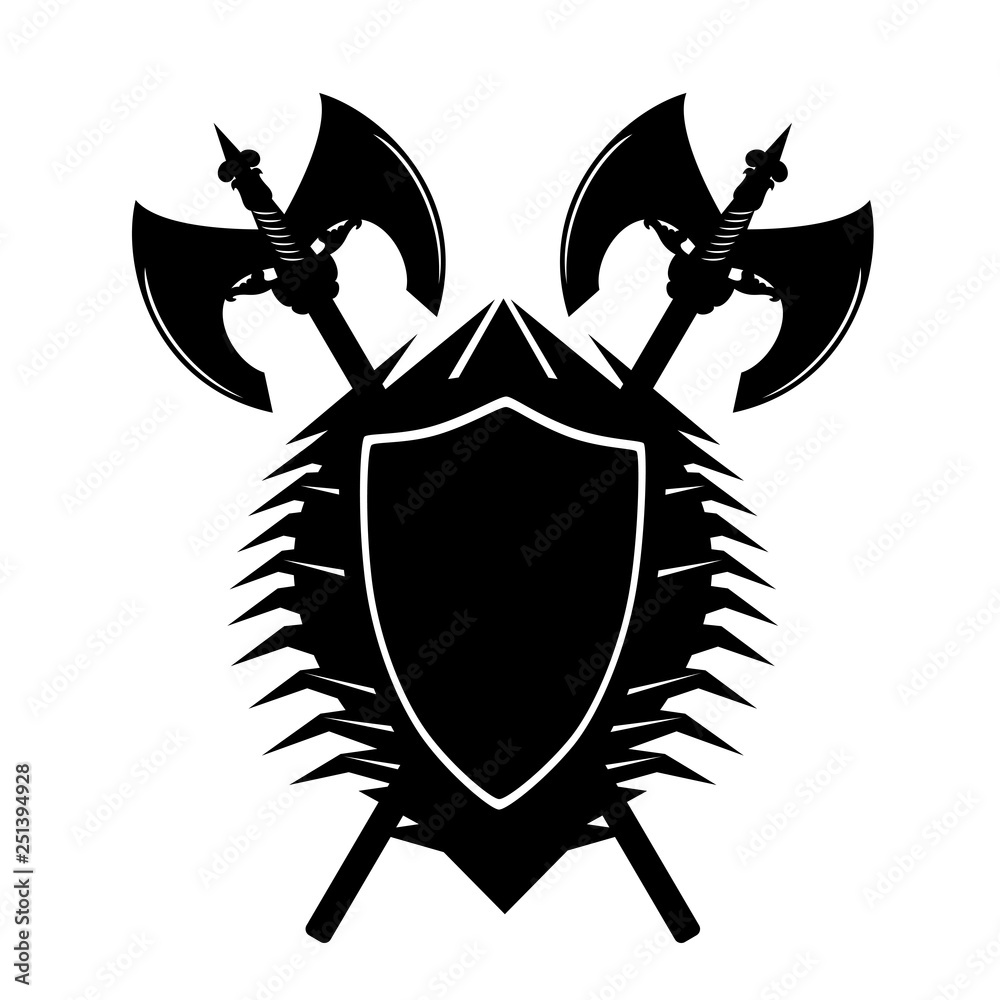 crossed battle axes and shield black and white vector security badge