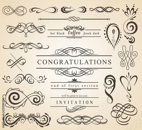 Set of Vintage Decorations Elements.Flourishes Calligraphic Ornaments and Frames with place for your text. Retro Style Design Collection for Invitations, Banners, Posters, Badges, Logotypes.