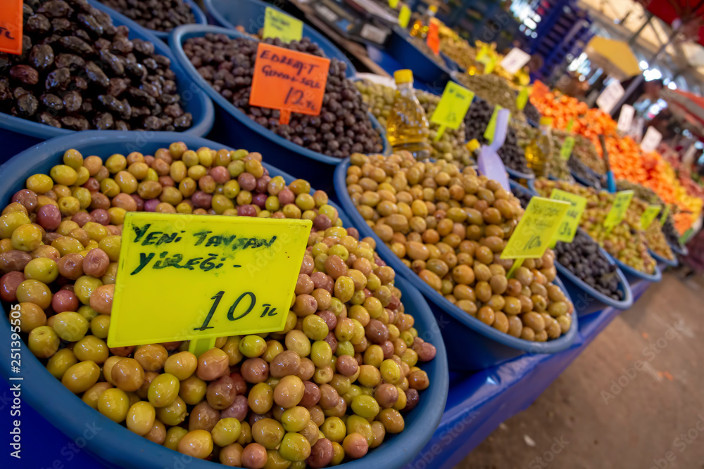 Obraz premium Bostanli / Izmir / Turkey, February 20, 2019, Bostanli bazaar olive market