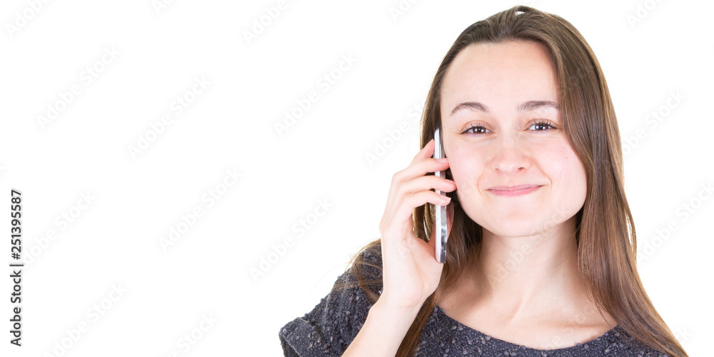 Portrait of smiling young pretty woman talk on cell phone isolated on white background Portrait of smiling young pretty woman talk on cell phone isolated on white background