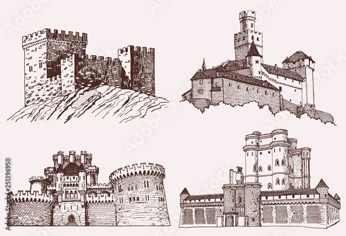 Graphical vintage set of sightseeing , famous castles of the world,vector sketch	