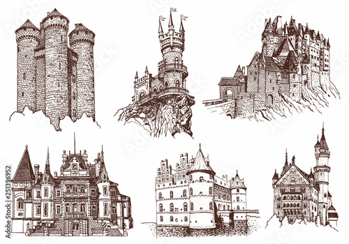 Graphical vintage set of sightseeing , famous castles of the world,vector sketch	