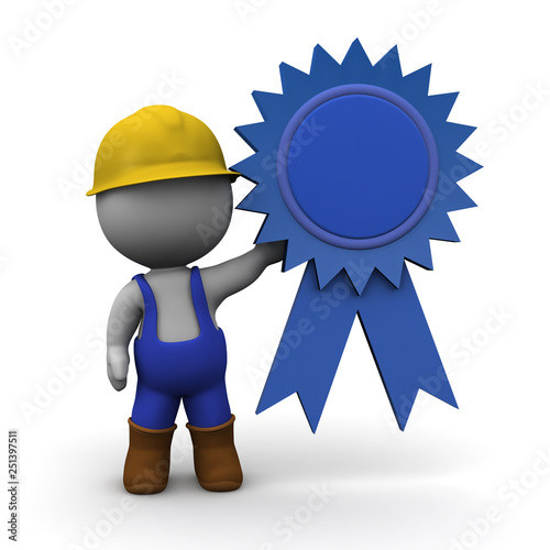 Fototapeta Naklejka Na Ścianę i Meble -  3D Character in Construction Worker Clothes Holding Up a Large Blue Ribbon Prize