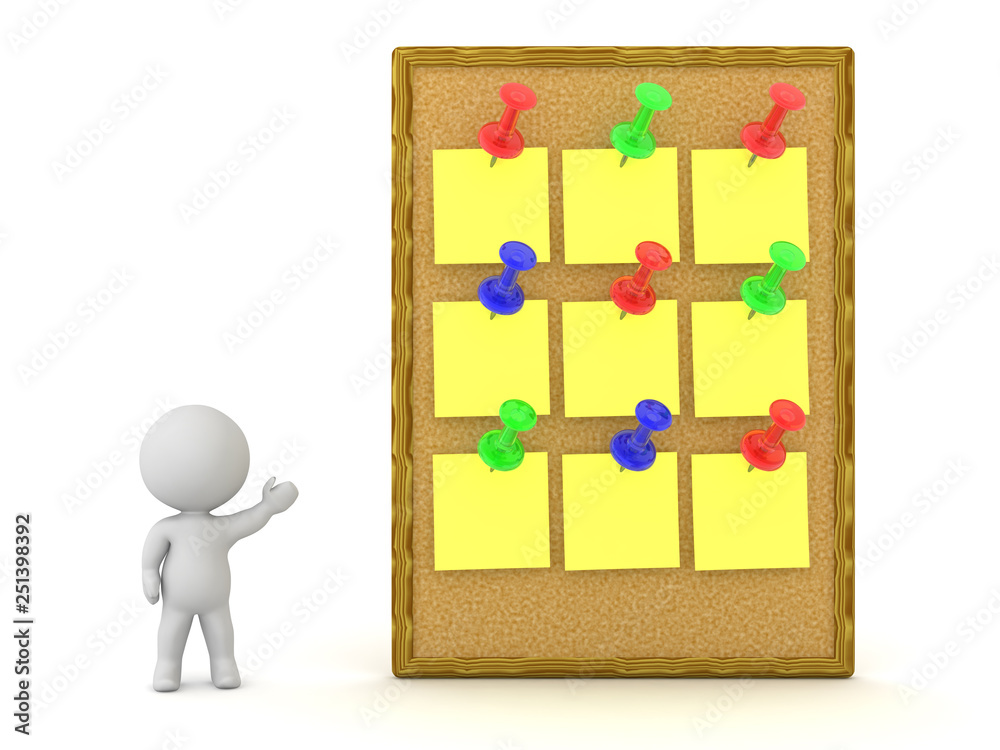 3D Character Showing Cork Board with Many Notes Pinned 3D Character Showing Cork Board with Many Notes Pinned