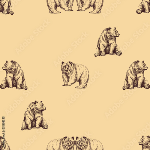 Seamless pattern of hand drawn sketch style bears. Vector illustration.