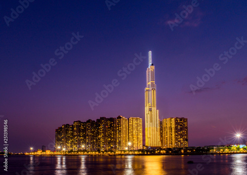 Landmark 81 is a super-tall skyscraper in Ho Chi Minh City, Vietnam at night. Landmark 81 is the tallest building in Vietnam and the 14th tallest building in the world