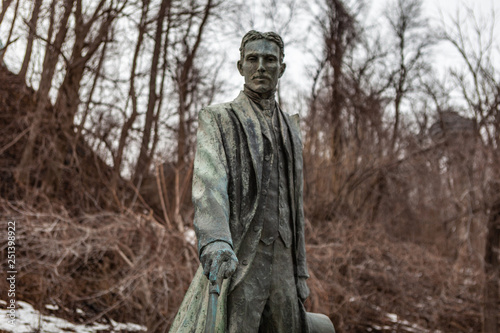 Niagara Falls CANADA - February 23, 2019: Nikola Tesla Sculpture in Queen Victoria Park in Niagara Falls, Canada. The monument was designed by sculptor Les Drysdale and opened in 2006.