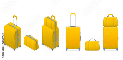 Isometric different colorful Business and family vacation travel luggage bag, handbag baggage modern. Set of suitcases and backpacks isolated on white.