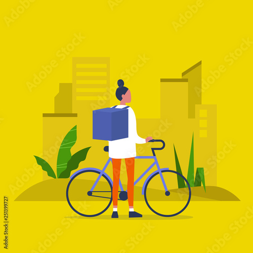 Food delivery service. Young female courier with a large backpack riding a bike. Flat editable vector illustration, clip art