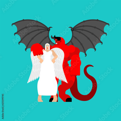 Angel woman and demon man. Beautiful archangel and strong red devil