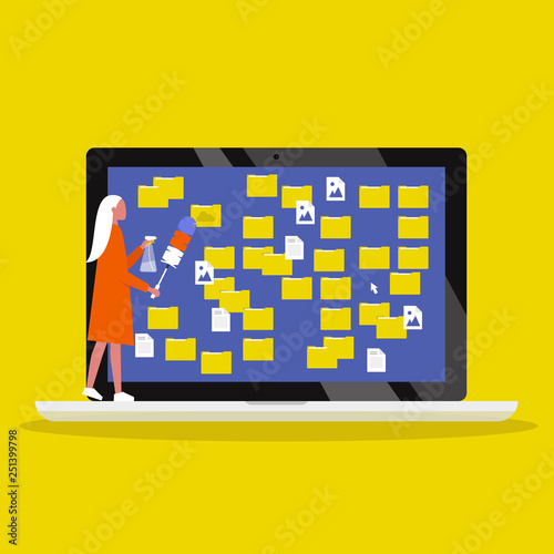 Young female character cleaning up the desktop folders. Digital hygiene. Computer files. Mess. Conceptual vector illustration, clip art