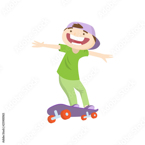 Happy smiling boy skateboarding fast isolated on white background