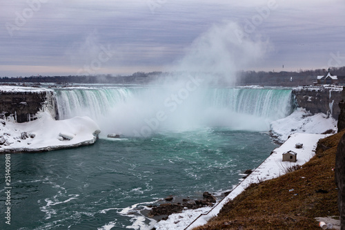 Niagara Falls CANADA - February 23  2019  Winter frozen idyll at Horseshoe Falls  the Canadian side of Niagara Falls  view showing as well as the upper Niagara River