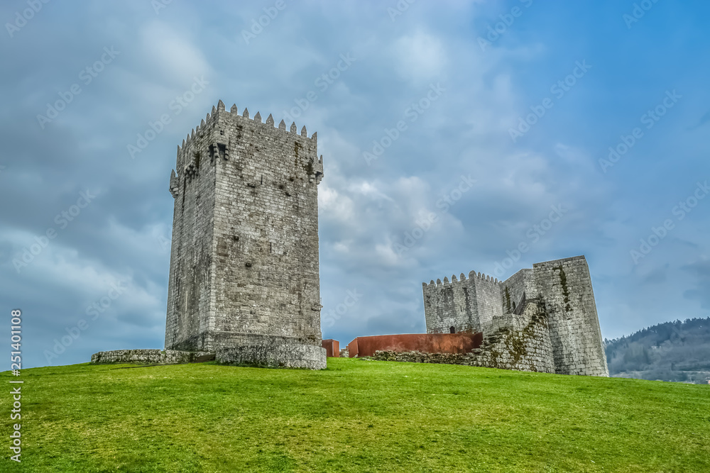 Detailed view of medieval Montalegre castle, dramatic sky as background