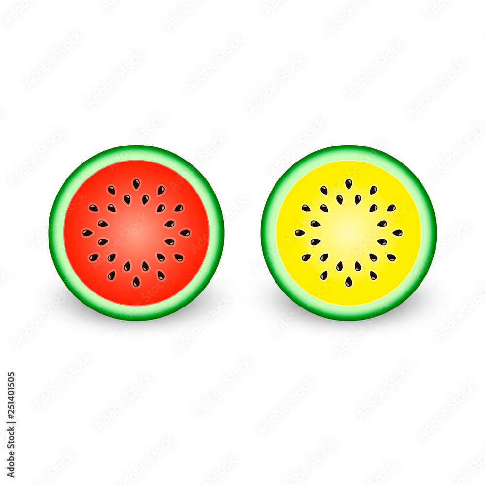Fototapeta premium Watermelon slice on white background, red and yellow, Vector isolated illustration