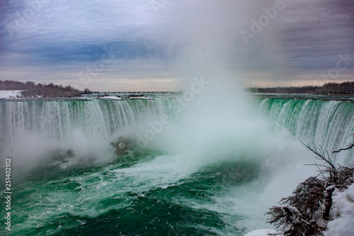 Niagara Falls CANADA - February 23, 2019: Winter frozen idyll at Horseshoe Falls, the Canadian side of Niagara Falls, view showing as well as the upper Niagara River photo