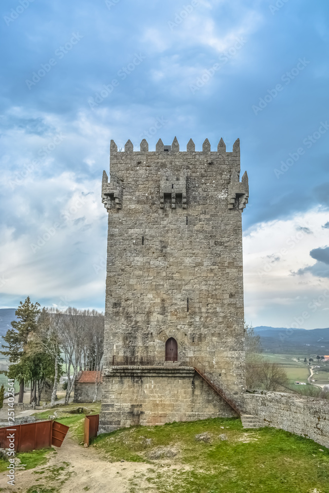 Detailed view of medieval Montalegre castle, dramatic sky as background