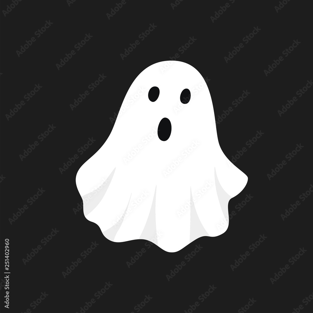 Vector illustration of white ghost. Halloween spooky monster, scary spirit or poltergeist flying in night. - obrazy, fototapety, plakaty 