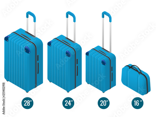 Isometric blue business and family vacation travel luggage bag, handbag baggage modern. Set of suitcases and backpacks isolated on white.