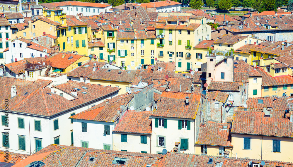Aerial top view of Piazza dell Anfiteatro square in historical centre of medieval town Lucca, old buildings with terracotta tiled roofs, Tuscany, Italy