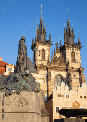 Prague - The gothic church of our Lady before Týn with the Jan Hus memorial by Jan Kotera (1915). photo