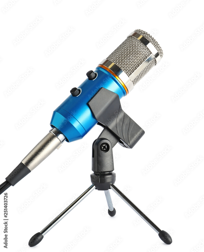 Condenser microphone with holder on white background Condenser microphone with holder on white background