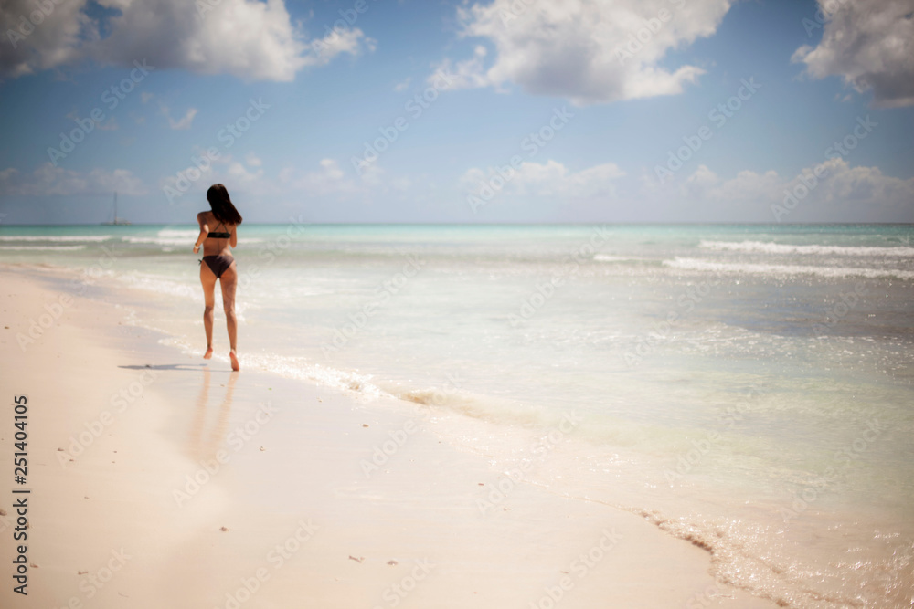 Beach Run. Fitness Woman In Bikini Running In Summer