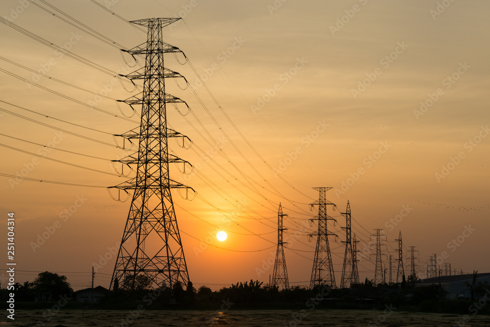 High voltage post, tower with twilight, sunset