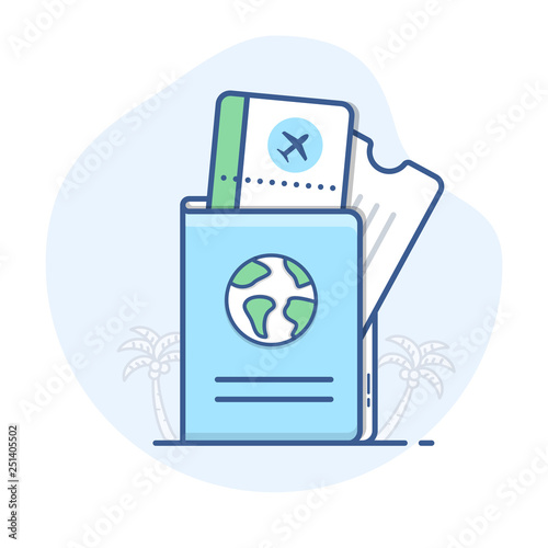Passport with flight tickets line icon. Travel document with boarding pass outline illustration.
