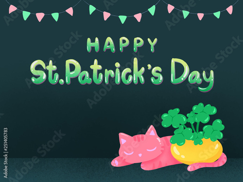 Happy St.Patrick Day with a pink cat sleeping next to green lucky cloverleaves