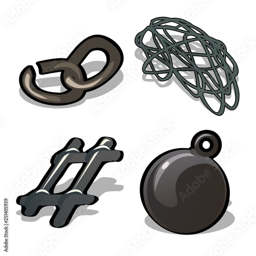 A set of metal products isolated on white background. A broken chain, steel wire, fragment of the lattice and ballast. Vector cartoon close-up illustration.