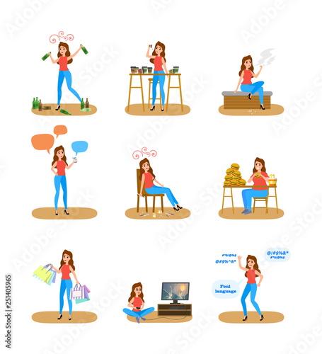 Woman with a bad habits set. Alcohol and coffee addiction
