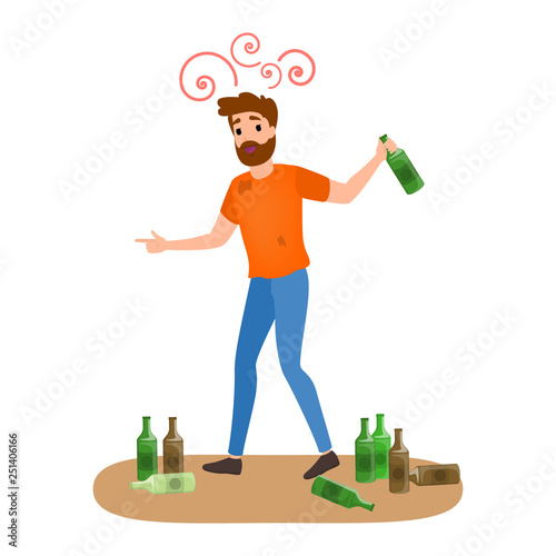 Drunk man with alcohol addiction with bottle of beer