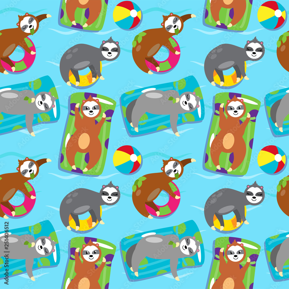 Naklejka premium Seamless Vector Background with Sloths Floating in a Pool