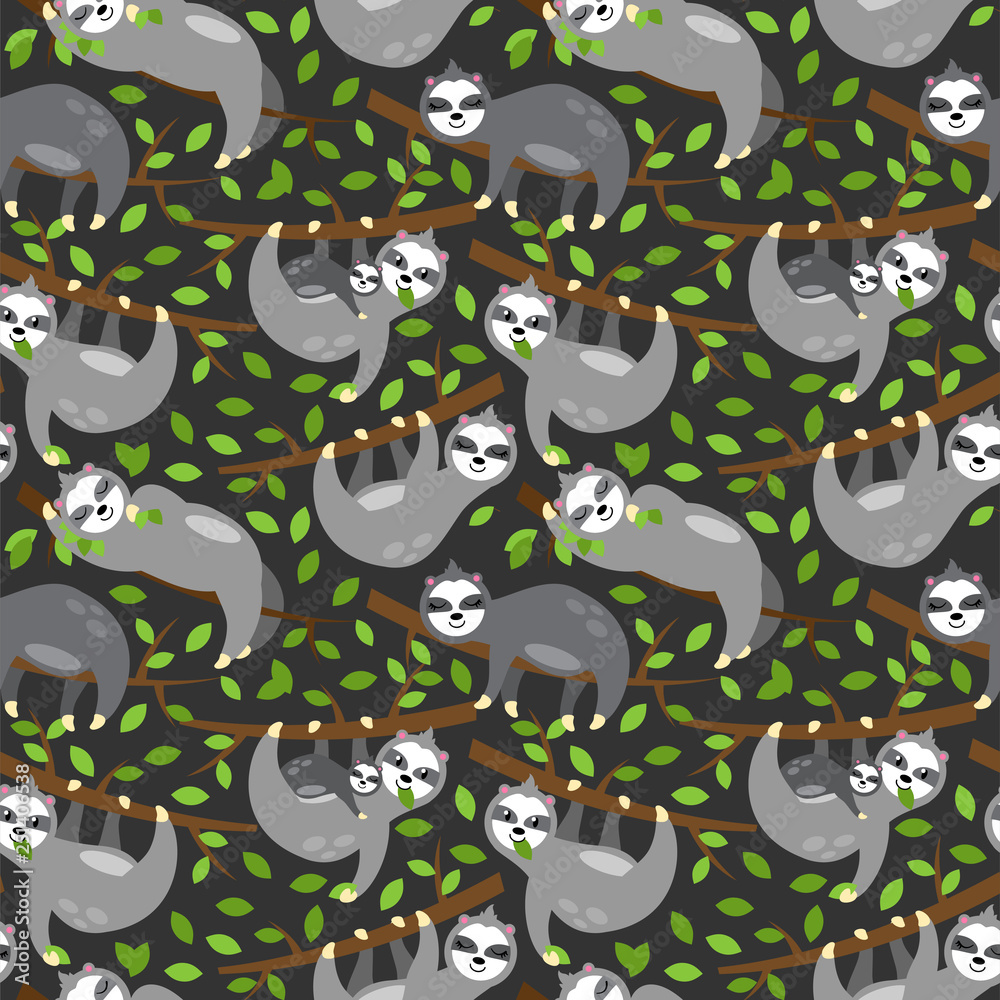 Seamless Vector Background with Sloths, Tree Branches and Leaves Seamless Vector Background with Sloths, Tree Branches and Leaves