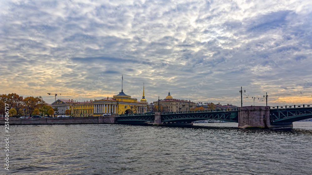 Palace Bridge (Dvortsoviy Most), a road- and foot-traffic bascule bridge across the Neva River in Saint Petersburg, Russia.