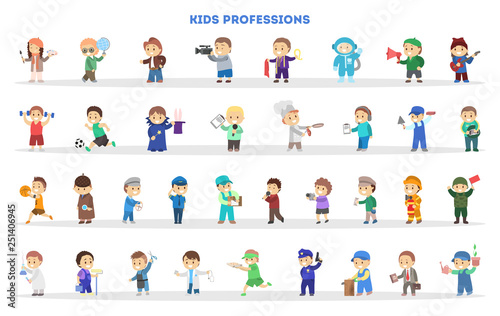 Children play as different worker set. Collection of kids