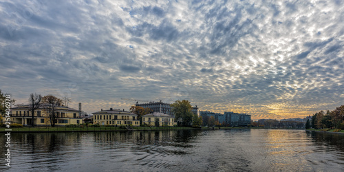 General view of Srednyaya (Middle) Nevka river shoreline and embankment architecture. Saint-Petersburg, Russia.