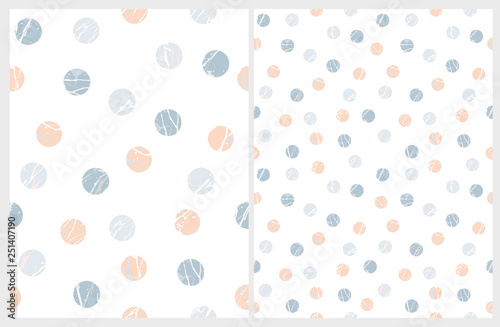 Simple Polka Dots Vector Patterns. Blue and Salmon Pink Marble Circles Isolated on a White Background. Funny Abstract Geometric Design. Falling Confetti of Round Shape. Pastel Color Repeatable Layout.