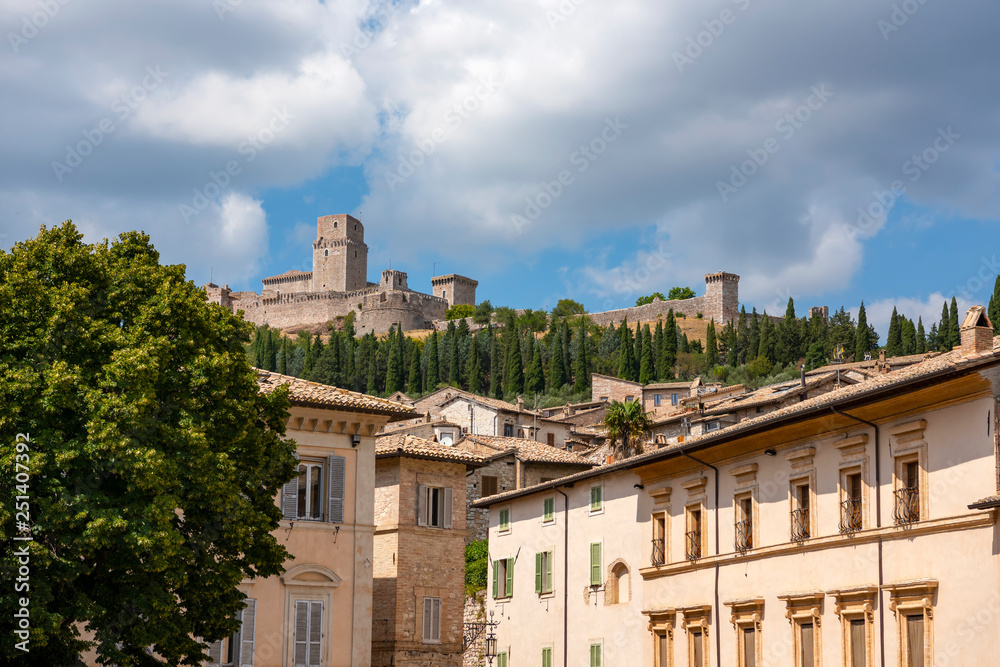 Assisi,the town in province of Perugia, Italy,  Umbria region.. Scenic view with the Rocca Maggiore, medieval fortress.