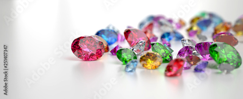 Colorful Gemstones placed on white reflection background, 3d rendering. photo
