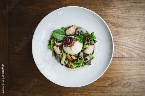 Top view of Smoked Galician Octopus with Burrata Cheese, radish, green oak and tomato.